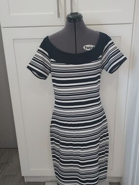 Michael Kors Black and White Striped Midi Dress